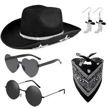 GIFIKOI Cowgirl Outfits Star Cowboy Hat Sparkly Boots Earrings Bandana Sunglasses for Women Western Costume Accessories - color: Black