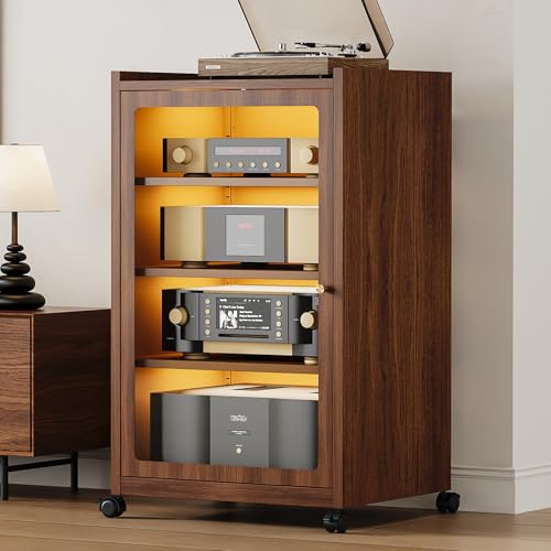 Media Cabinet with LED Lights and Glass Door, Metal Stereo Cabinet Brown - color: Brown (Wood Grain)