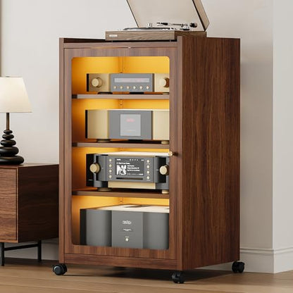 Media Cabinet with LED Lights and Glass Door, Metal Stereo Cabinet Brown - color: Brown (Wood Grain)