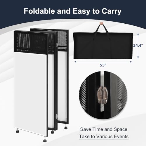 Kokorona Portable DJ Booth 43"L x 20"W x 45"H, DJ Facade Booth with Black & White Scrims, Folding DJ Booth for Party, DJ Facade Table Booth with Cable Hole, Black Metal Frame + Carry Bag - size: 43"L x 20"W