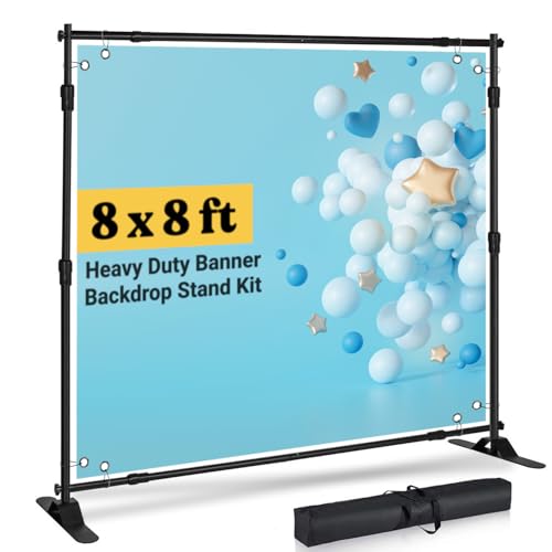 Photo Backdrop Stand - 8x8 ft Heavy Duty Banner Holder Adjustable Photography Poster Stand - Height Up to 8x8 ft for Trade Show, Photo Booth, Parties, Wedding, Birthday, Photoshoot Background