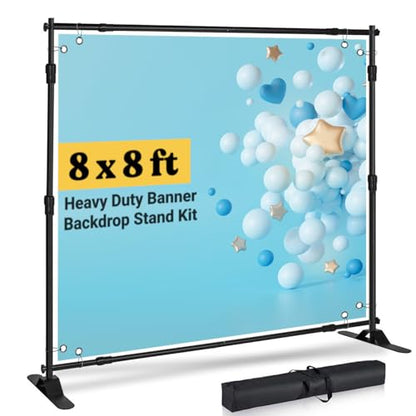 Photo Backdrop Stand - 8x8 ft Heavy Duty Banner Holder Adjustable Photography Poster Stand - Height Up to 8x8 ft for Trade Show, Photo Booth, Parties, Wedding, Birthday, Photoshoot Background