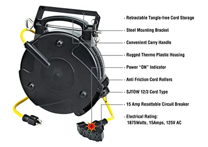 Alert ProReel Professional Grade ProReel 8665TFQ Heavy Duty Retractable Extension Cord Reel | 65 Foot 12/3 SJTOW 15 Amp Quad-Tap Industrial Cord | Four 5-15R Receptacles with Power On Indicator
