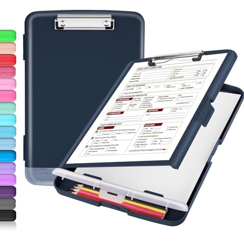 Sooez Clipboard with Storage, Clip Board 8.5 x 11 with Pen Holder, Plastic Organization Case Box for Letter Legal A4 Size Paper, Low Profile Clip, Nurses Teachers Must Haves, School & Office Supplies - color: Dark Blue
