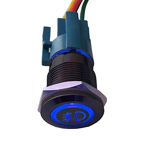 ESUPPORT 12V Car Blue LED Light Front Fog Push Button Metal Toggle Switch | Vehicle 19mm 5A Switches Socket Plug Wire Latching ON OFF Balck Shell - color: Blue Fog Light