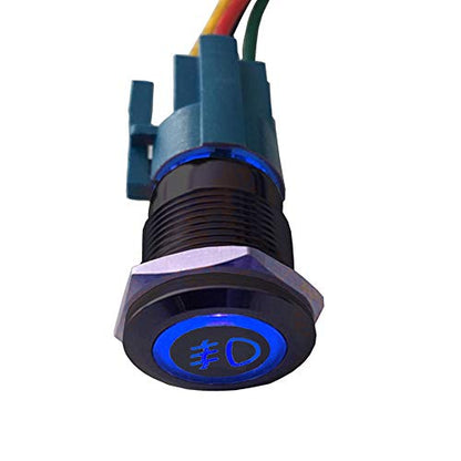 ESUPPORT 12V Car Blue LED Light Front Fog Push Button Metal Toggle Switch | Vehicle 19mm 5A Switches Socket Plug Wire Latching ON OFF Balck Shell - color: Blue Fog Light