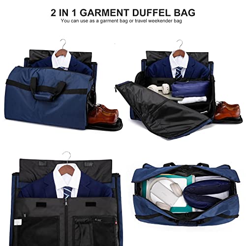 Convertible Garment Bags for Travel, Large Suit Bag Garment Duffle Bag with Shoulder Strap & Shoes Compartment, Carry On Garment Bag for Men Women-2 in 1 Hanging Suit Bags for Travel, Blue - color: Blue