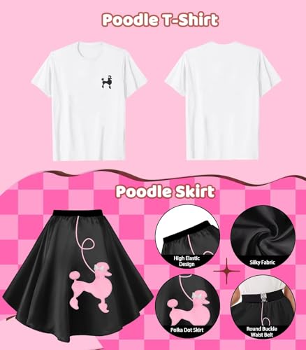1950s Poodle Skirt Outfit Women 50s Sock Hop Costume T Shirt Accessories - color: Blackpink, size: Small