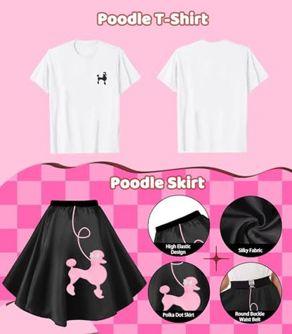 1950s Poodle Skirt Outfit Women 50s Sock Hop Costume T Shirt Accessories - color: Blackpink, size: Small