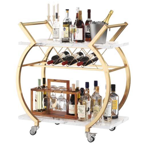 LVB Gold Bar Cart with Wheels, Modern White Marble Home Bar Serving Cart - style: Gold White Marble