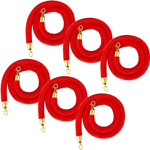 Nuogo 6 Pcs Velvet Stanchion Rope Red Carpet Party Decorations 5ft | Velvet Ropes, Crowd Control, Gold Hook, Safety Barrier, Event Movie Theaters Grand Opening Hotel Weddings - color: Red