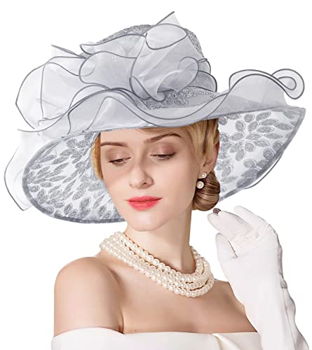 Women Derby Fascinator Hat Organza Church Wedding Hats Wide Brim Cocktail Tea Party Hat - color: 06 Grey