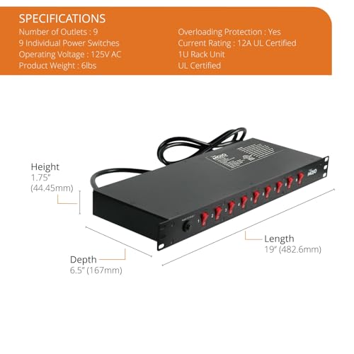 Tecmojo 9-Outlet Rack Mount Overloading Protection Circuit Breaker PDU, with Individual Switch 6ft Cord for IT and Network Racks and Cabinets - size: 9 Outlets/12A/Overloading Protection