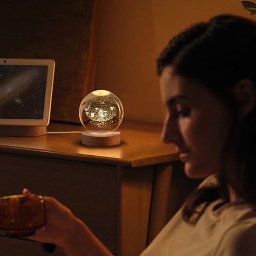 Flexzion 3D Solar System Crystal Ball Lamp, 3.15 inch, USB Night Light | Solar System Lamp with Solid Beech Wood Base and Adjustable Brightness for Bedrooms, Nightstands, Desks, Shelves Room Decor - size: 3.15 inch (80mm), style: Solar System