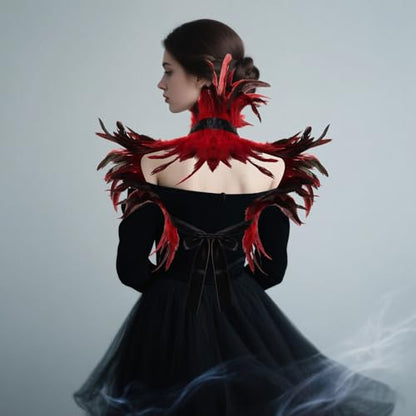2Pcs Witch Feather Shawl Wrist Cuff for Women | Gothic Crow Shrug Shawl, for Halloween, Feather Costume Accessories - color: Red