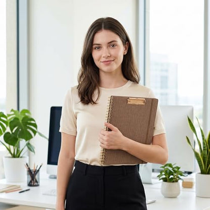 Ospelelf Brown Foldable Spiral Clipboard Folio with Storage Zipper Pouch, 5 Plastic Folders with 10 Pockets, Refillable Lined Notepad (11" x 8.5"), Linen Hardcover Project Organizer - color: Brown