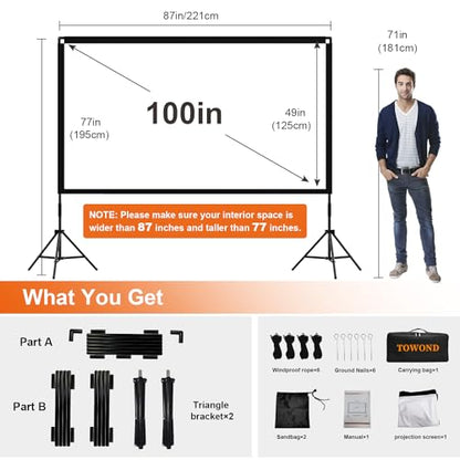 TOWOND 100 Inch Outdoor Projector Screen with Stand, Reinforced Edge | Compact reinforced-edge screen fits smaller rooms and patios; 19mm tripod and carry bag travel easily.