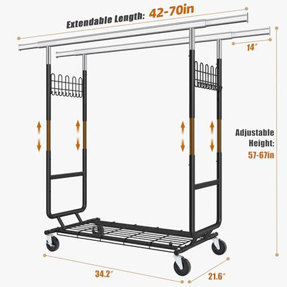 Gewudraw Clothes Rack Heavy Duty Load 900 Lbs With Wheels, Double Rod,Black | Rolling Clothing Rack, Adjustable Height, Extendable Rod, Portable, Collapsible, Shelf, Hooks,for Wardrobe,Bedroom,Commercial - color: Black, style: Double Rod