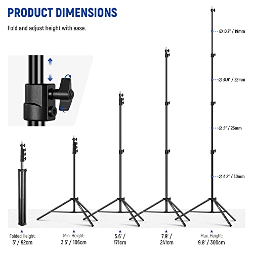 NEEWER 9.8ft/3m Air Cushioned Light Stand, Heavy Duty Metal Photography Tripod Stand with 1/4" to 3/8" Reversible Spigot, 3 Way Mounting Interface & Metal Locking Knobs, Max Load 5.5lb/2.5kg (Black) | Photography Tripod Stand, 1/4" to 3/8" Reversible Spig
