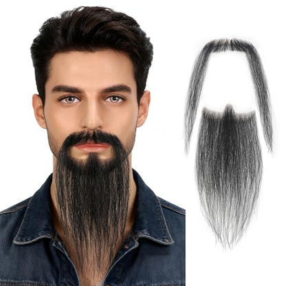 Hand-Tied Human Hair Fake Beard and Mustache for Costumes and Theater | Hand-knotted human hair on lightweight lace creates natural-looking facial hair for costumes, cosplay, theater and film - color: Style 5--black