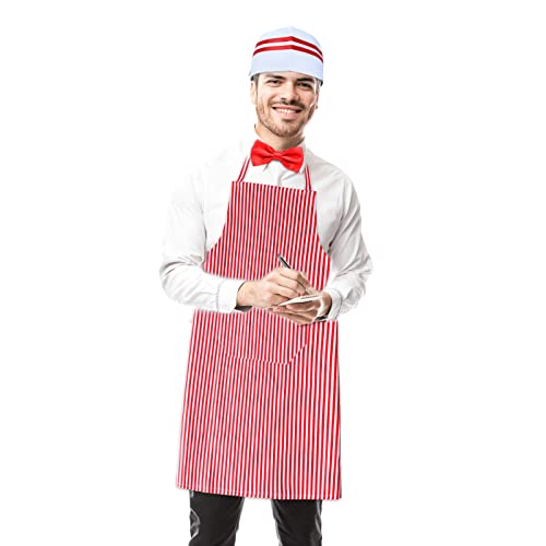 Keymall Waiter Costume Kit-Soda Jerk Costume Kit-Including 3 Pieces Hat Apron Bow Tie For Halloween 1950s Theme Costume - color: Set C