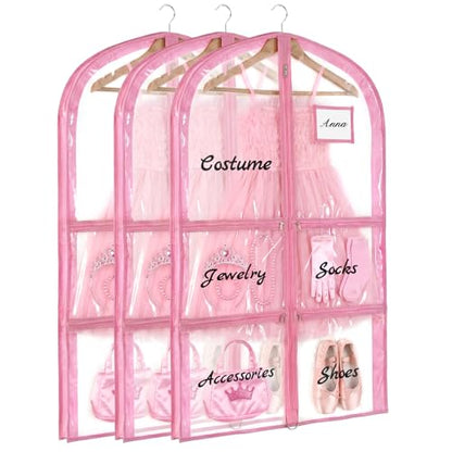 Nuenen 3 Pack Dance Garment Bags for Costumes Clear Dance Recital Organizer with Pockets & Labels, 40 Inch PVC Hanging Costume Bag for Competition Travel, Garment Bag with Compartments(Pink) - color: Pink