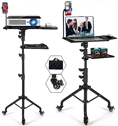 Projector Tripod Stand with Wheels Adjustable Height Laptop Tripod Stand Treadmill Laptop Stand with 2 Shelves Mouse Tray Phone Holder Projector Tripod Music Stand Office Home Portable Laptop Floor Stand