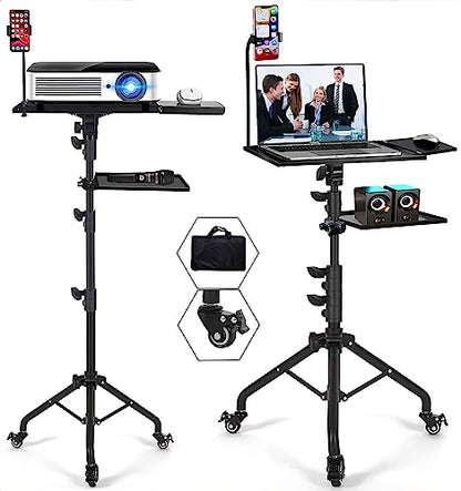 Projector Tripod Stand with Wheels Adjustable Height Laptop Tripod Stand Treadmill Laptop Stand with 2 Shelves Mouse Tray Phone Holder Projector Tripod Music Stand Office Home Portable Laptop Floor Stand