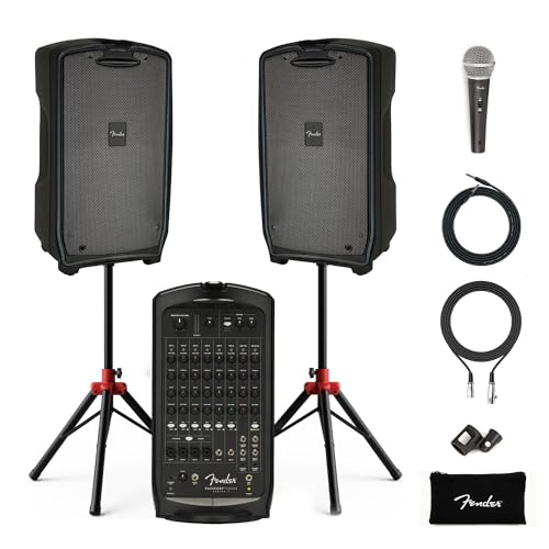 Fender Passport Venue S2 Portable PA System Bundle with Compact Speaker Stands, Microphone Kit, and Instrument Cable