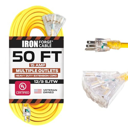 Iron Forge Cable 50 Foot Lighted Outdoor Extension Cord with 3 Electrical Power Outlets - 12/3 SJTW Heavy Duty Yellow Extension Cable with 3 Prong Grounded Plug for Safety, 15 AMP - size: 50 ft