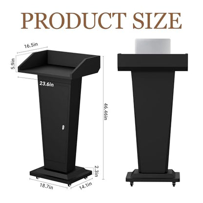 Podium Stand with 4 Locking Wheels, Heavy-Duty Metal Lectern for Church, School, Office, and Conference, Large Lockable Storage Cabinet, 43.7" H, Black - color: Modern Tapered Alloy - Black