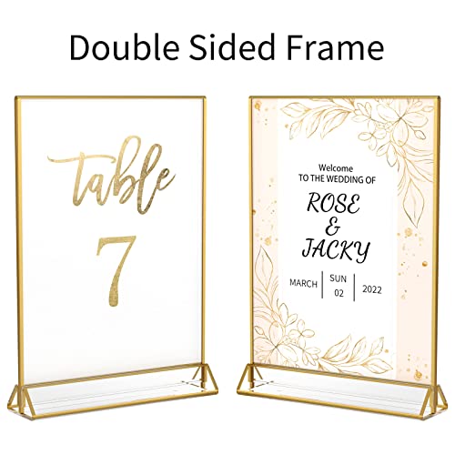 NIUBEE 5x7 Acrylic Sign Holder, Picture Frame, Wedding Table Numbers, 6pack | Vertical Stand, Gold Frames, Clear Double Sided, Gold Sign Holders Display for Menu Restaurant Signs, Photos, Party, Events - size: 5x7", style: Vertical