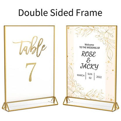NIUBEE 5x7 Acrylic Sign Holder, Picture Frame, Wedding Table Numbers, 6pack | Vertical Stand, Gold Frames, Clear Double Sided, Gold Sign Holders Display for Menu Restaurant Signs, Photos, Party, Events - size: 5x7", style: Vertical