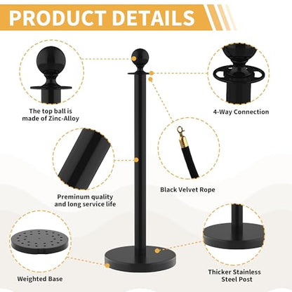 4Pcs Stanchions Post and Velvet Ropes, Crowd Control Barriers with Weighted Base, Red Carpet Runner Poles, Retractable Safety Barriers for Party, Wedding, Theater, Event, Hotel - color: Black, size: without Red Carpet