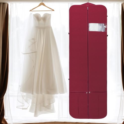 Wedding Dress Garment Bag 72" Dress Bags for Gowns Long with Accessories Pockets Bridal Garment Cover with Adjustable Handles for Wedding Dress, Prom Evening Gown - color: Burgundy