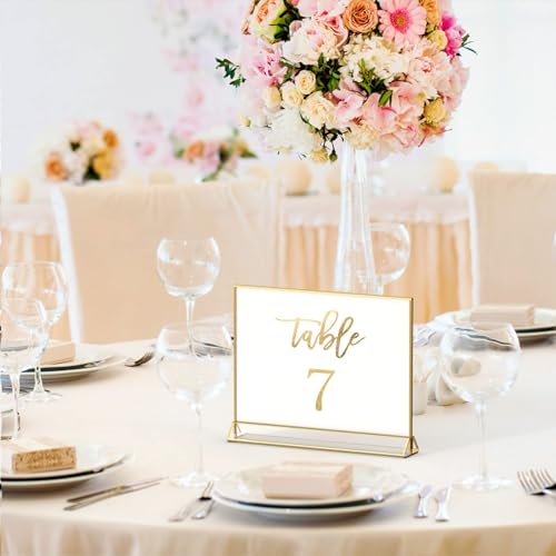 NIUBEE 5x7 Acrylic Sign Holder, Picture Frame, Wedding Table Numbers, 6pack | Horizontal Stand,Gold Frames, Clear Double Sided, Gold Sign Holders Display for Menu Restaurant Signs, Photos, Party, Events - size: 5x7", style: Horizontal