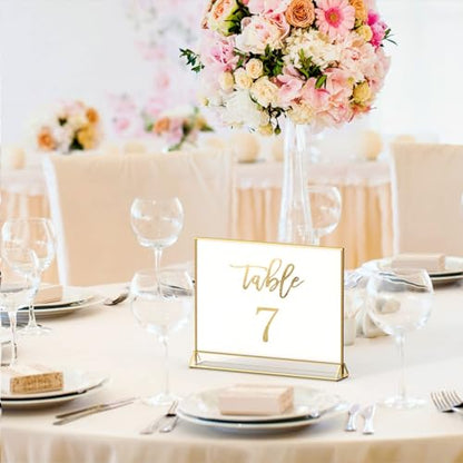 NIUBEE 5x7 Acrylic Sign Holder, Picture Frame, Wedding Table Numbers, 6pack | Horizontal Stand,Gold Frames, Clear Double Sided, Gold Sign Holders Display for Menu Restaurant Signs, Photos, Party, Events - size: 5x7", style: Horizontal