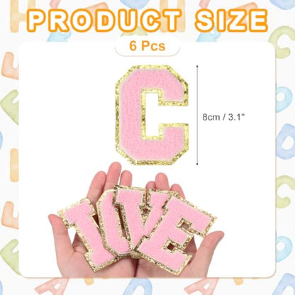 MECCANIXITY Chenille Letter Patches 3.1" Alphabet C Iron on Embroidered Patch Sew on Letter Stickers Applique for Repairing Clothing Jeans Shoes Hats DIY(Pink, Pack of 6) - style: Letter-C