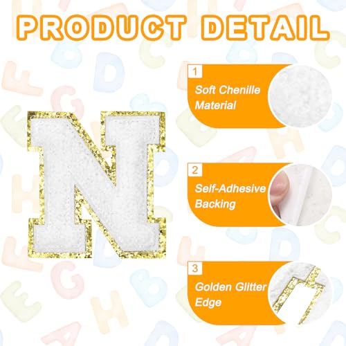 MECCANIXITY Chenille Letter Patches 2.2" Self Adhesive Alphabet N Stick on Embroidered Patch Sew on Letter Stickers Applique for Repairing Clothing Jeans Shoes Hats DIY(White, Pack of 8) - style: Letter N
