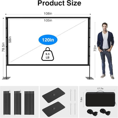 Outdoor Projector Screen with Stand 120 Inch, Portable Indoor/Outdoor 4K HD Movie Screen 16:9, Wrinkle-Free & Lightweight with Carry Bag for Backyard Camping Movie Nights