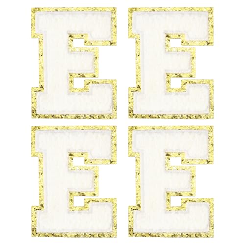 MECCANIXITY Chenille Letter Patches 3.1" Alphabet E Iron on Embroidered Patch Sew on Letter Stickers Applique for Repairing Clothing Jeans Shoes Hats DIY(White, Pack of 4) - style: Letter-E