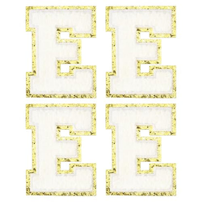 MECCANIXITY Chenille Letter Patches 3.1" Alphabet E Iron on Embroidered Patch Sew on Letter Stickers Applique for Repairing Clothing Jeans Shoes Hats DIY(White, Pack of 4) - style: Letter-E