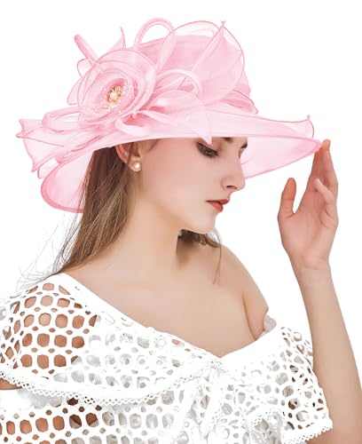 Women Derby Fascinator Hat Organza Church Wedding Hats Wide Brim Cocktail Tea Party Hat - color: 08 Light Pink