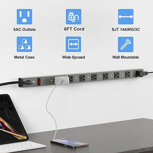 8 Outlets Surged Aluminum Alloy Heavy Duty Metal Socket Power Strip,Oviitech 6-Foot Long Extension Cord with Surge Protection.ETL Certified,Aluminum Alloy Silver with Black Hole. - size: 8 Outlets