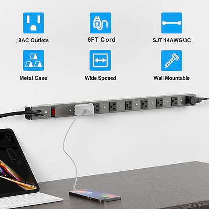 8 Outlets Surged Aluminum Alloy Heavy Duty Metal Socket Power Strip,Oviitech 6-Foot Long Extension Cord with Surge Protection.ETL Certified,Aluminum Alloy Silver with Black Hole. - size: 8 Outlets