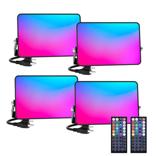 LED Flood Light 400W Equiv, 40W RGB Outdoor Color Changing Stage floodlights with Remote, IP66 Landscape Floor Spotlights, Uplighting Indoor Uplights for Events Party, Timer-DIY Color, 4 Pack