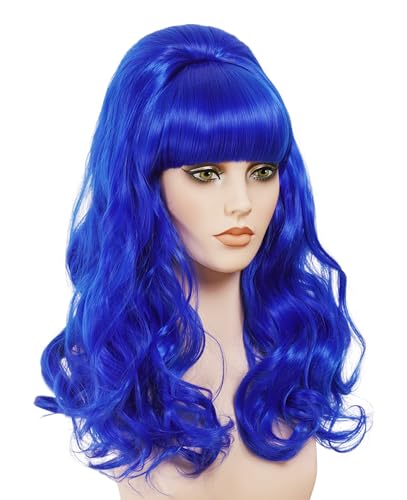 Rugelyss Long Wavy Blue Wig with Bang Big Bouffant Beehive Wigs for Women fits 80s Costume or Halloween Party - color: Blue