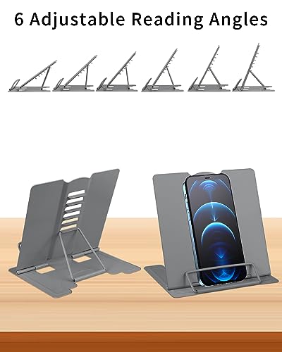 MSDADA Small Desk Book Stand Metal Reading Rest Book Holder | Adjustable Cookbook Documents Holder Portable Sturdy Bookstands for Recipes Textbooks Tablet Music Books(Grey) - color: Grey