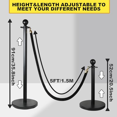 4 Pack Stanchions Post with Velvet Rope, Heavy Duty Metal Posts with Weighted Base, Crowd Control Barriers & Poles for Red Carpet, Movie Theater, Event, Party Supplies (Black) - size: 4 Pack