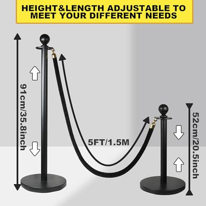 4 Pack Stanchions Post with Velvet Rope, Heavy Duty Metal Posts with Weighted Base, Crowd Control Barriers & Poles for Red Carpet, Movie Theater, Event, Party Supplies (Black) - size: 4 Pack